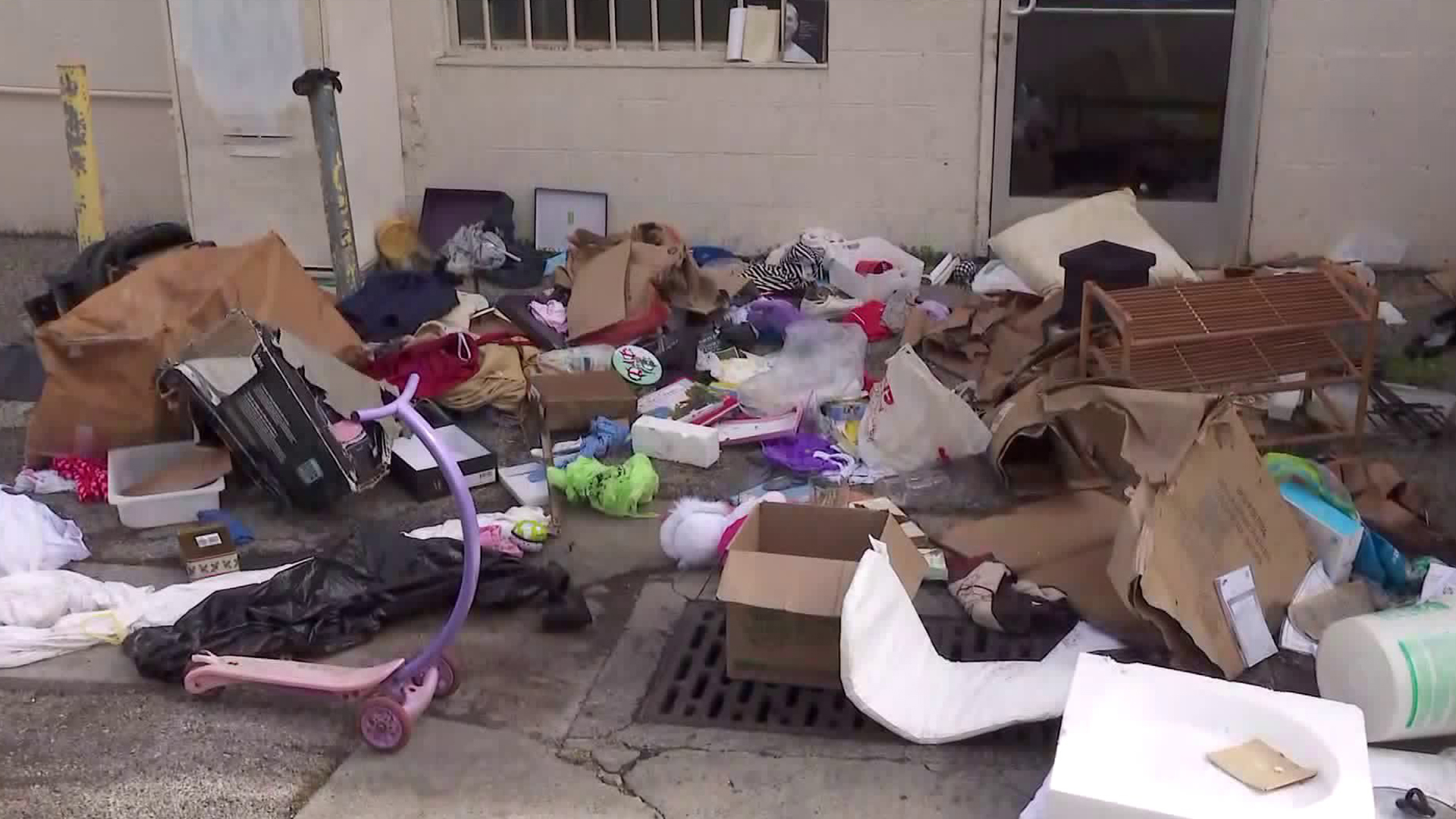 Donations pile up outside a Goodwill donation center in Westchester on March 24, 2020. (KTLA)