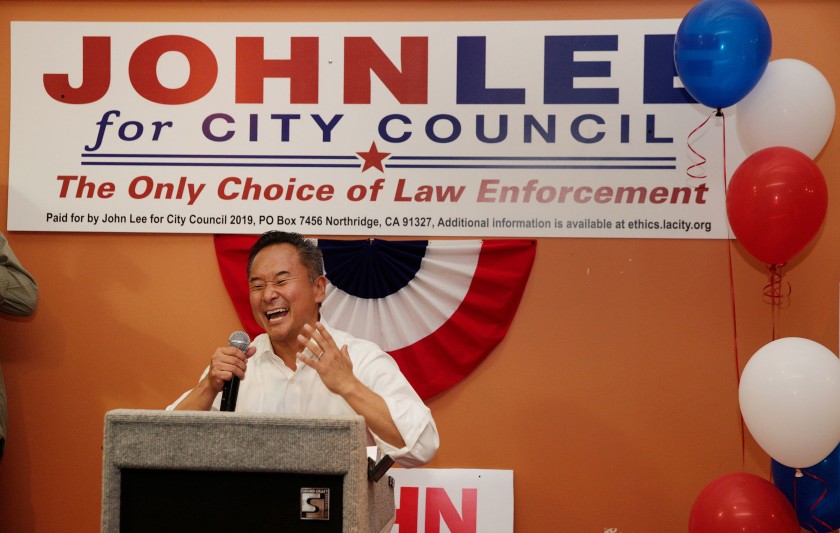 Los Angeles City Councilman John Lee speaks to supporters after winning a special election on Aug. 14, 2019. (Liz Moughon / Los Angeles Times)