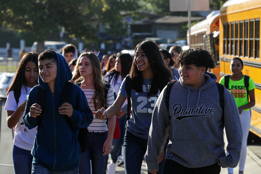 Students walk onto campus at Rudecinda Sepulveda Dodson Middle School in Rancho Palos Verdes in this undated photo. (Credit: Irfan Khan / Los Angeles Times)