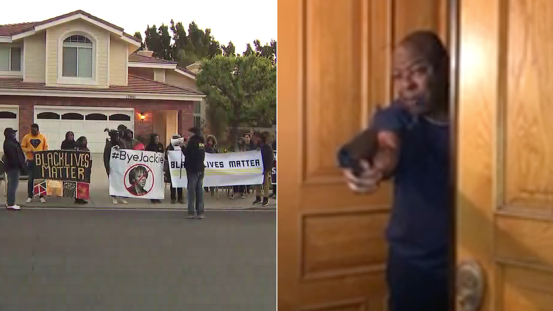 Black Lives Matter activists, left, rally outside Los Angeles County District Attorney Jackie Lacey's home in Granada Hills. On the right, a man holds up a gun while standing at the front door of the home. (KTLA; Melina Abdullah)