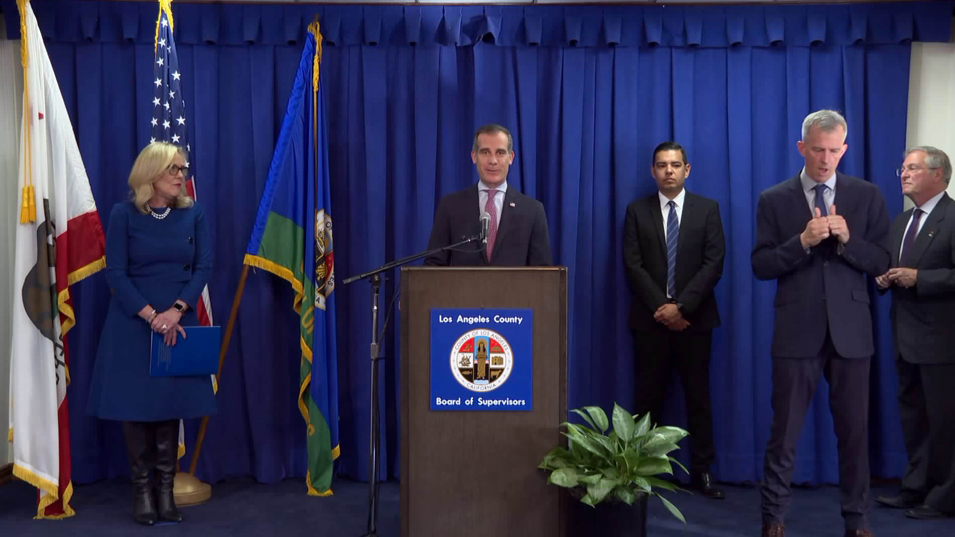 L.A. Mayor Eric Garcetti speaks during a news conference on March 19, 2020. (KTLA)