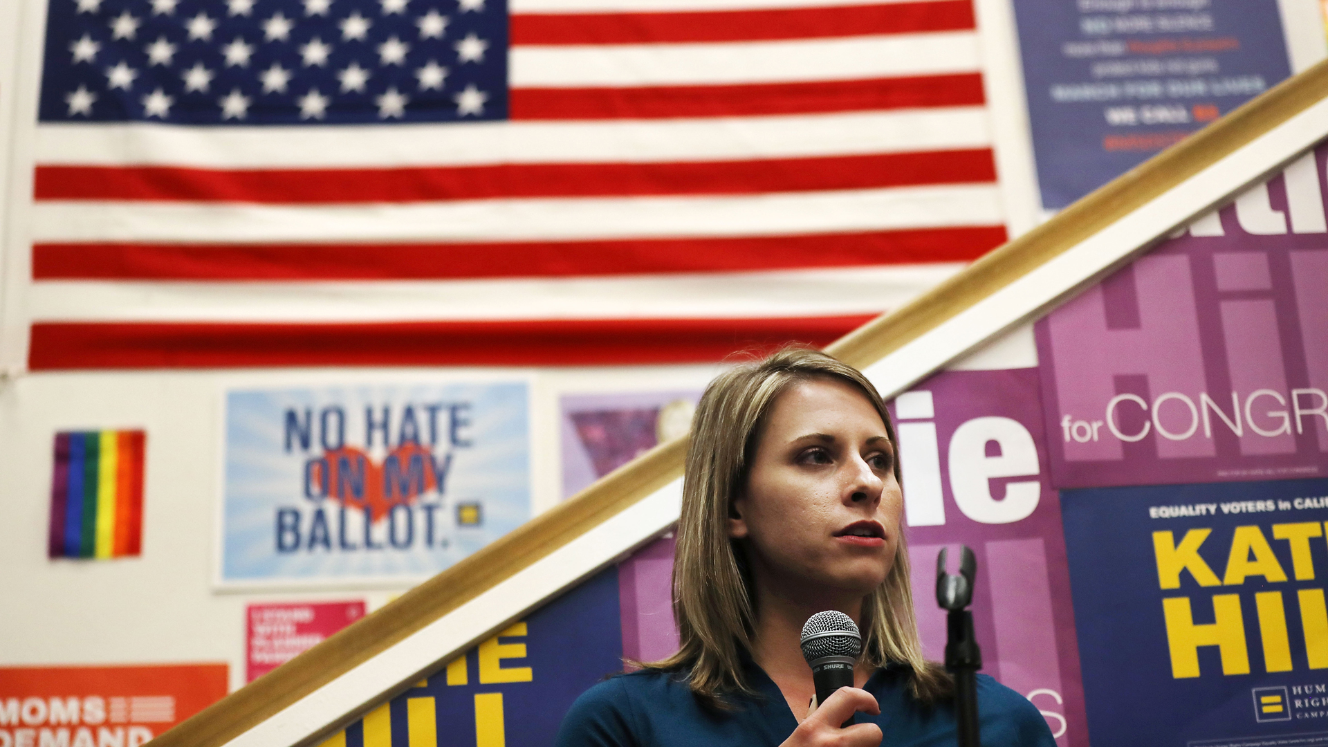 Former Rep. Katie Hill speaks to supporters while campaigning in Stevenson Ranch on Nov. 5, 2018. (Credit: Mario Tama / Getty Images)