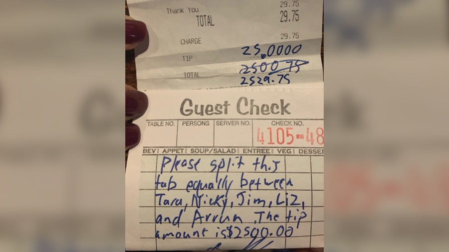 After ordering a beer and some food, the customer's check came out to be just under $30. But after he left, the spirits of owner Patrick "Benny" Leonard and his staff were uplifted immediately after seeing the tip he had left. (CNN)