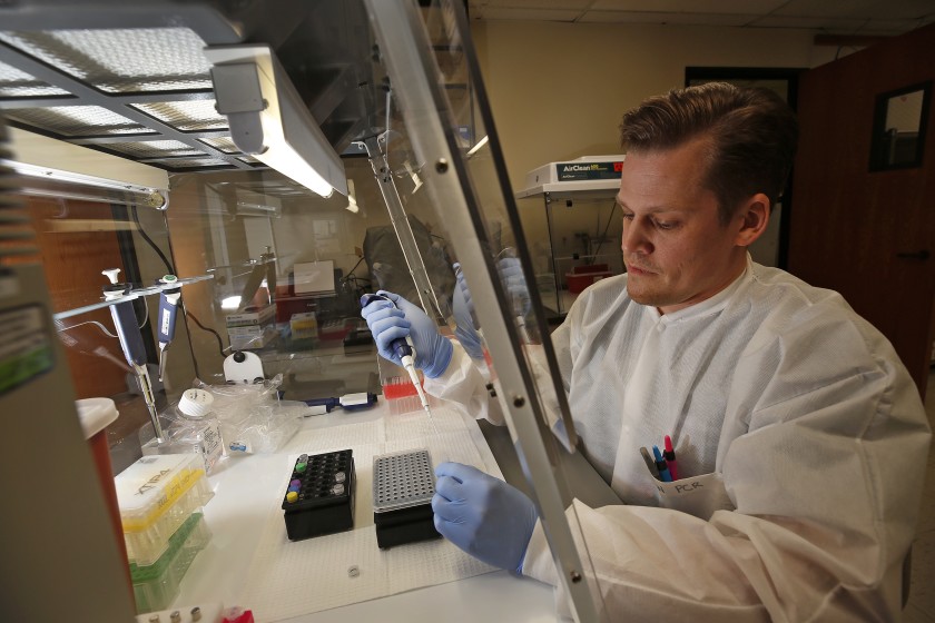 Brian Bowland, senior clinical lab specialist in microbiology at UCLA Health, is seen in this undated photho. The University of California’s five medical centers are gearing up to expand their in-house testing for COVID-19 in a move to ease testing shortages in 2020. (Al Seib/Los Angeles Times)