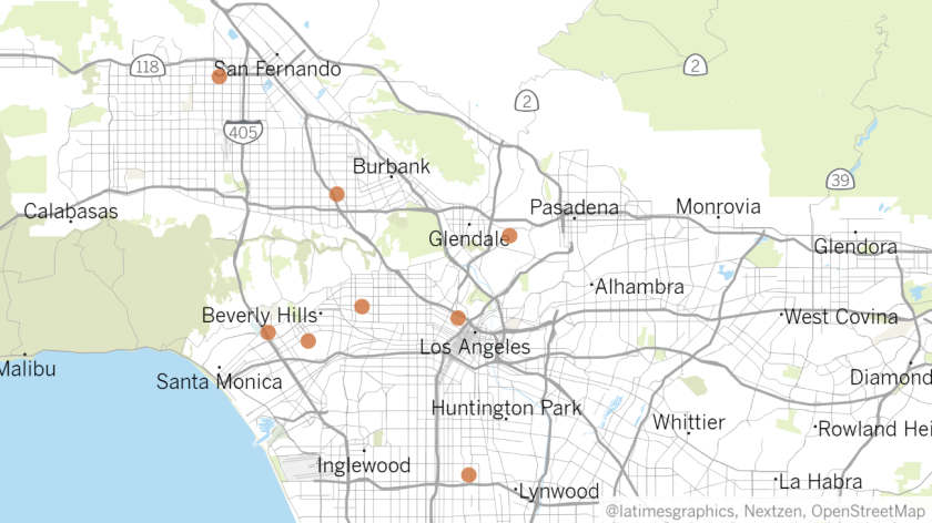 A map shows the locations where eight temporary shelters for homeless people were expected to open on March 20, 2020 as the coronavirus outbreak worsens. (Ben Poston/Los Angeles Times)