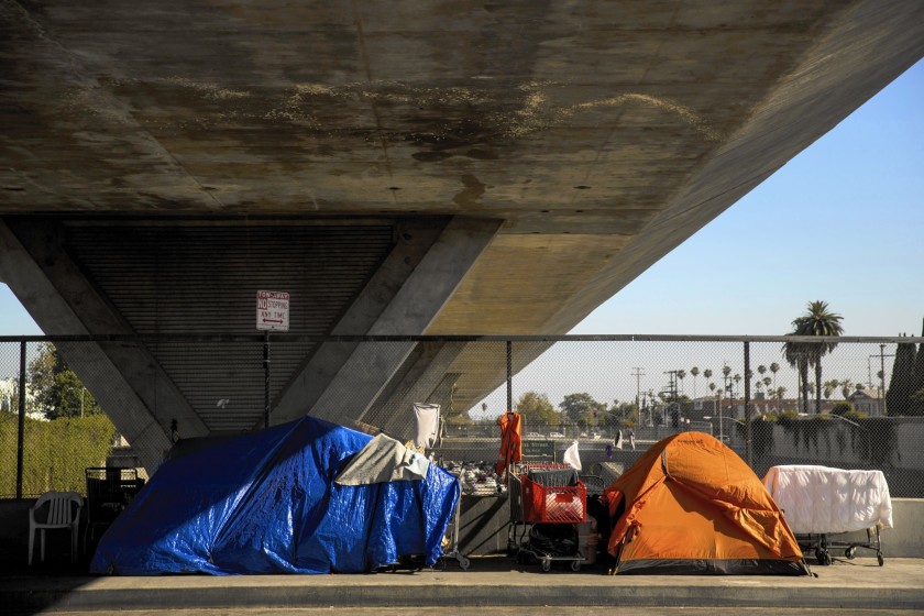 A homeless encampment is seen under the 110 Freeway in this undated photo. (Kent Nishimura / Los Angeles Times)