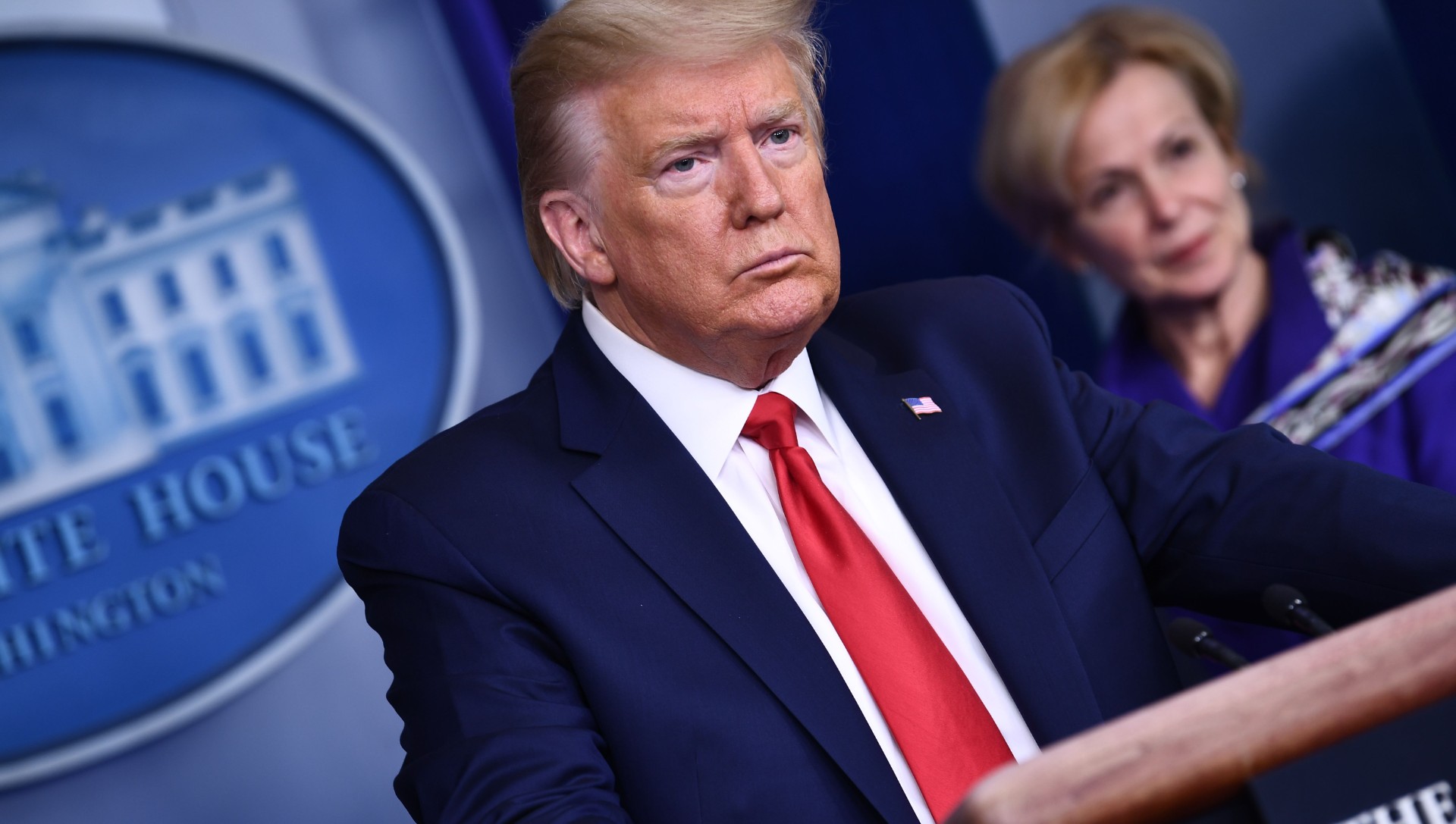 US President Donald Trump listens to a question during the daily briefing on the novel coronavirus, COVID-19, at the White House on March 18, 2020, in Washington, DC. (BRENDAN SMIALOWSKI/AFP via Getty Images)