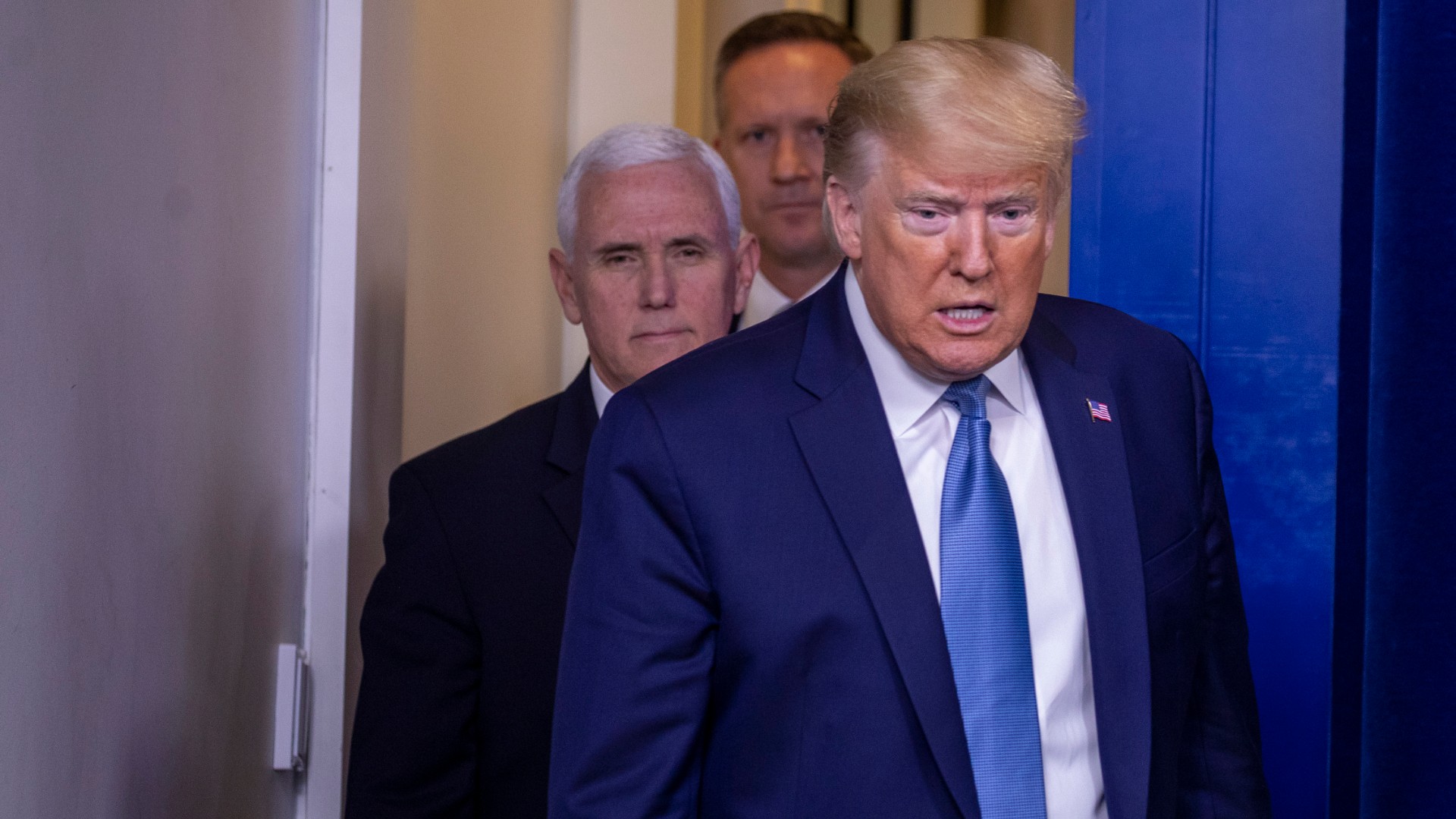 U.S. President Donald Trump and Vice President Mike Pence arrive for a press briefing in he James Brady Press Briefing Room at the White House on March 21, 2020 in Washington, DC. (Tasos Katopodis/Getty Images)