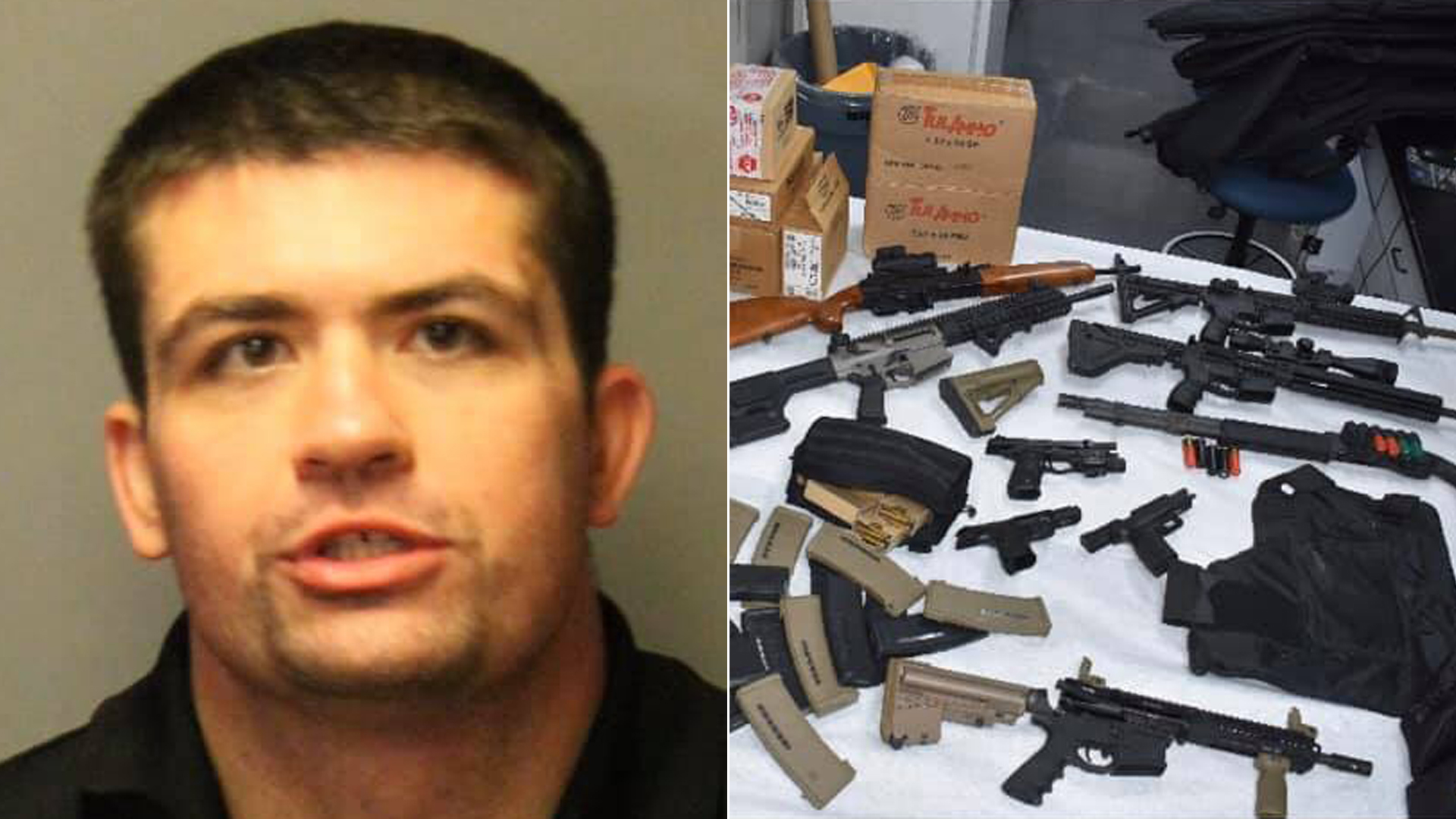 Thomas Andrews, left, and weapon and ammunition authorities say were seized from his Sunnyvale home are seen in images released March 2, 2020, by the Sunnyvale Police Department.