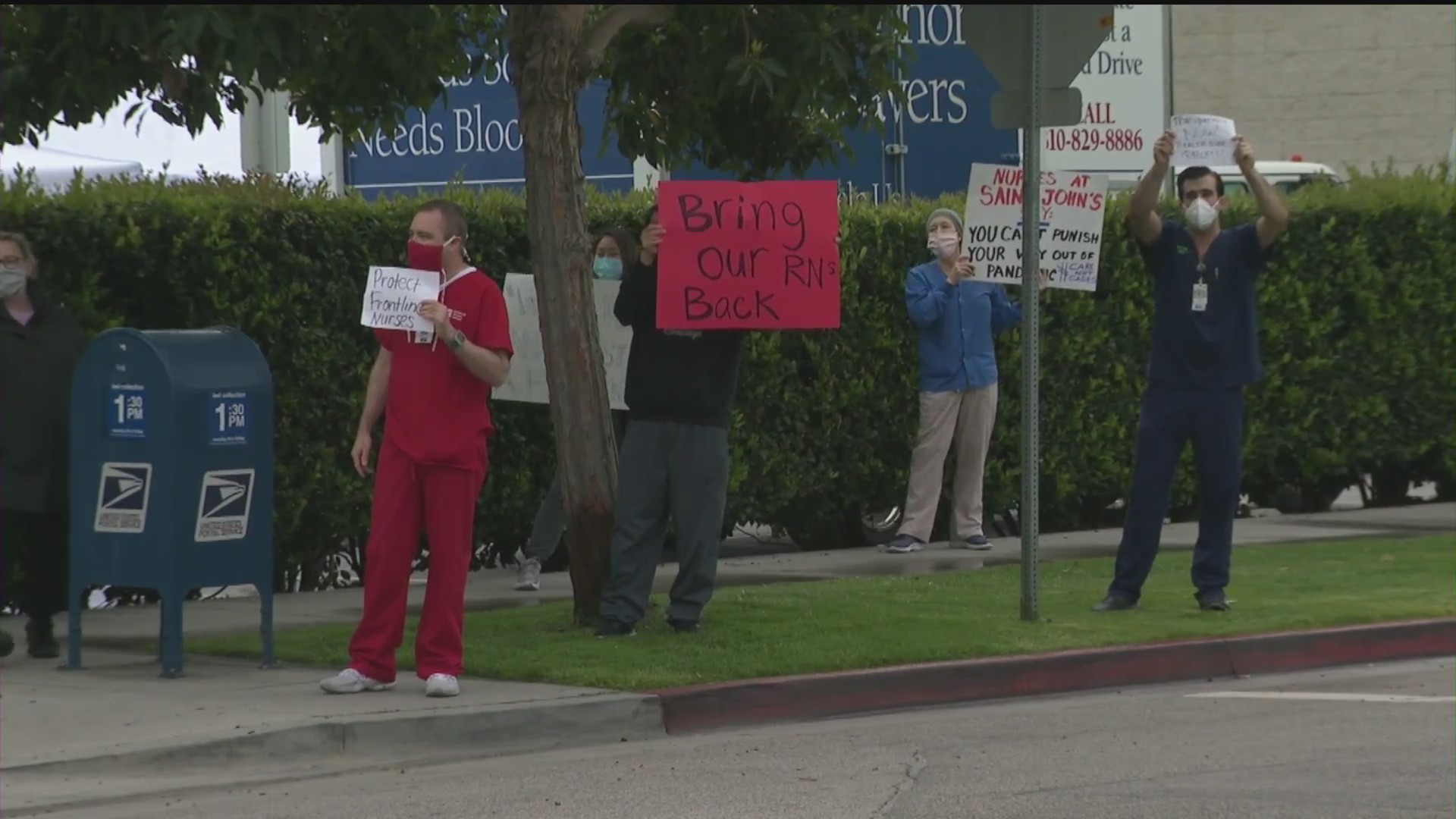 Hospital workers protest protective measures during the coronavirus virus outbreak outside St. John’s Health Center in Santa Monica on April 17, 2020. (Credit: KTLA)