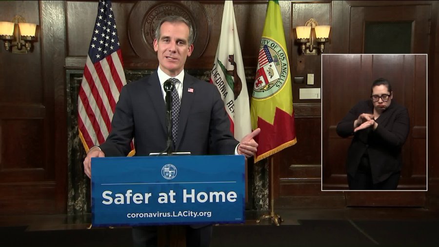 Los Angeles Mayor Eric Garcetti holds a briefing on April 21, 2020. (Credit: KTLA)