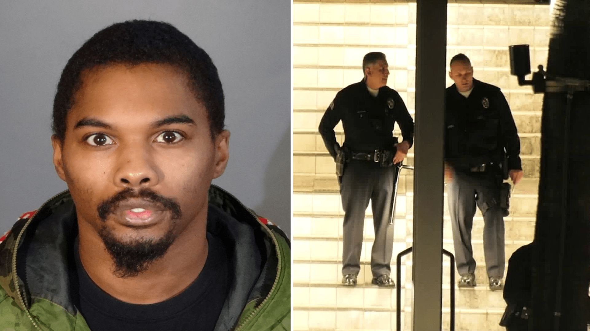 Brandon Hinton, 26, is seen in an undated booking photo provided by the Los Angeles Police Department. On the right, officers investigate the scene of a deadly shooting on January 20, 2020. (Onscene.TV)