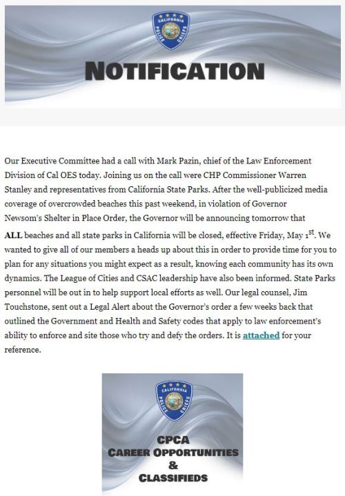 A memo distributed to the California Police Chiefs' Association on April 29, 2020.