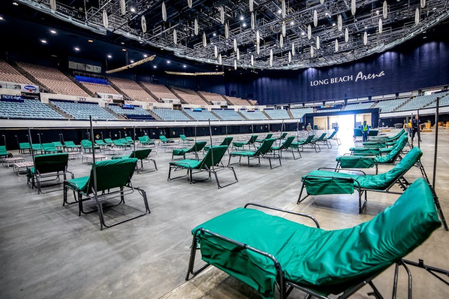 Cots are seen at the Long Beach Sports Arena, which was turned into a field hospital amid the coronavirus pandemic. (City of Long Beach/ Twitter)