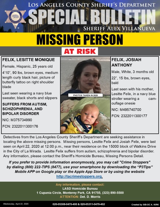 Los Angeles County Sheriff's Department missing persons flier, issued April 22, 2020.