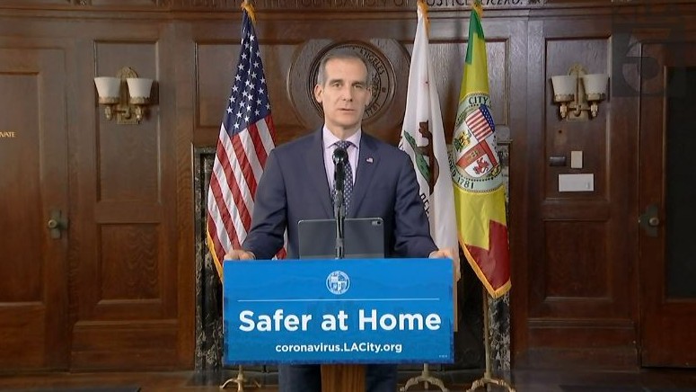 Los Angeles Mayor Eric Garcetti provides an update on the COVID-19 pandemic on April 29, 2020. (KTLA)