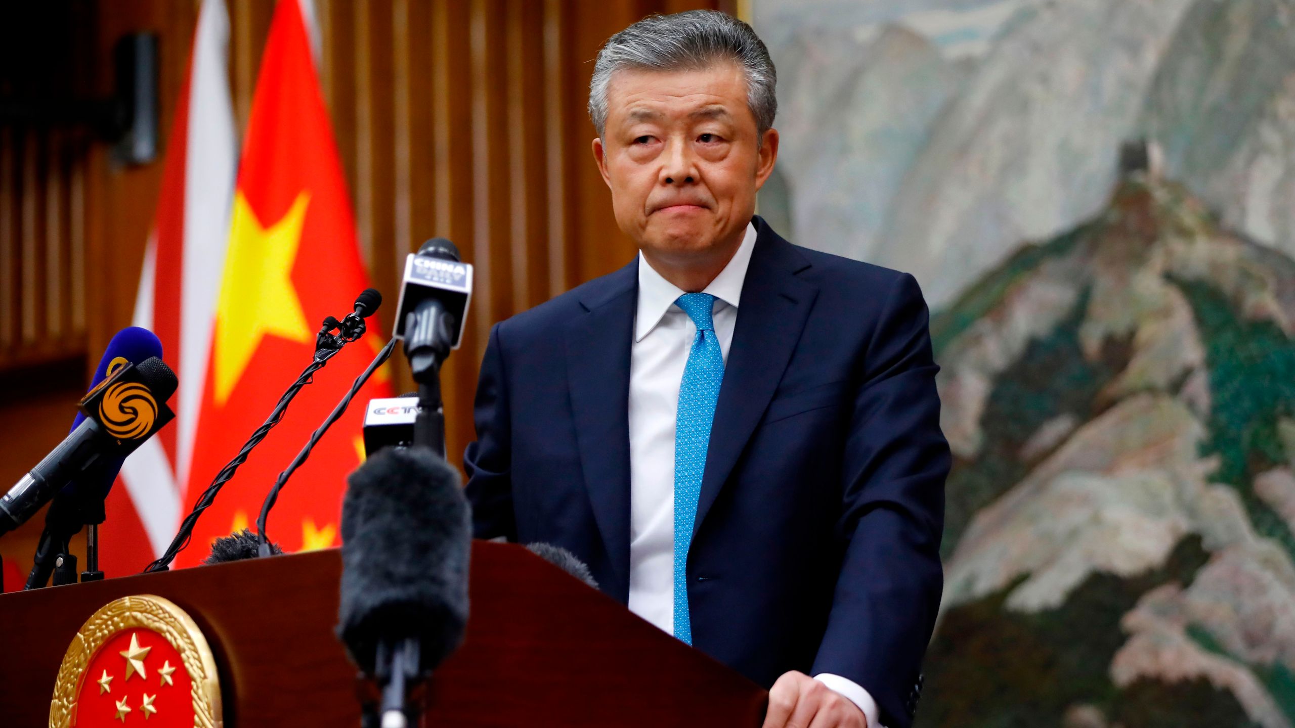 China's ambassador to Britain Liu Xiaoming takes questions from members of the media at the Chinese Embassy in London on Feb. 6, 2020, during a press conference relating to the COVID-19 outbreak in Wuhan, Hubei province. (TOLGA AKMEN/AFP via Getty Images)