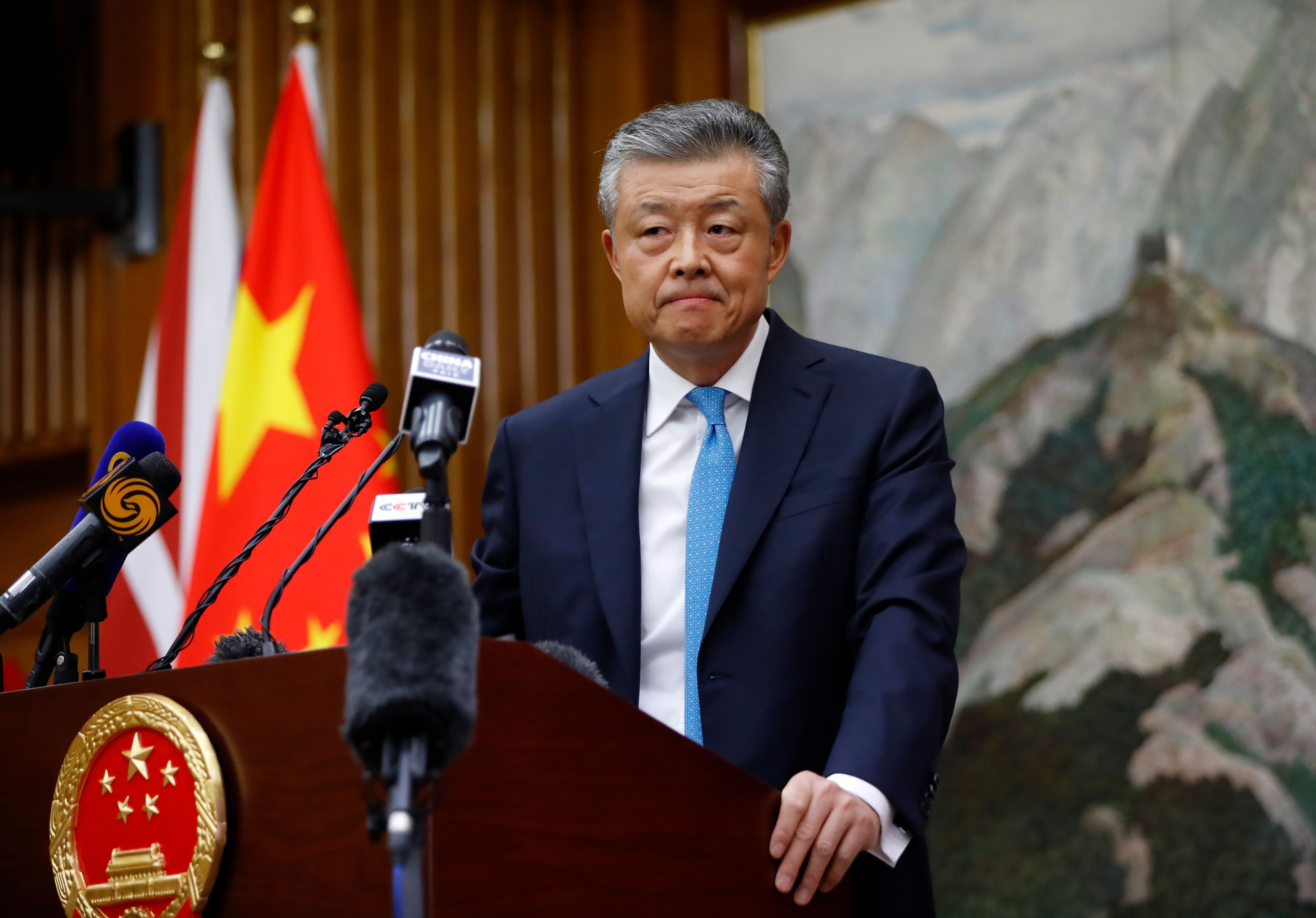 China's ambassador to Britain Liu Xiaoming takes questions from members of the media at the Chinese Embassy in London on Feb. 6, 2020, during a press conference relating to the COVID-19 outbreak in Wuhan, Hubei province. (TOLGA AKMEN/AFP via Getty Images)