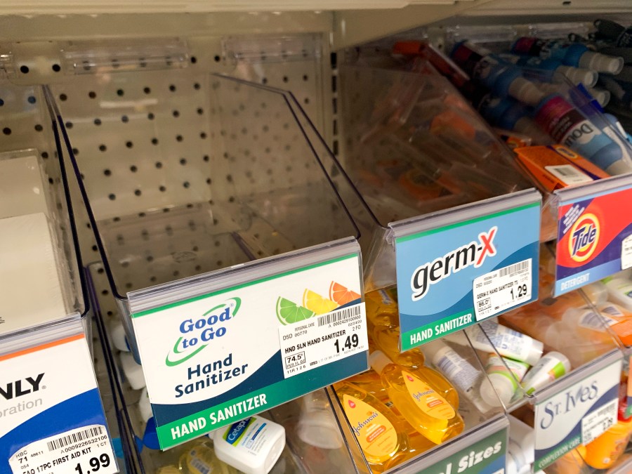 Empty containers for travel hand sanitizer are seen at a store following warnings about COVID-19 in Kirkland, Washington on March 5, 2020. (JASON REDMOND/AFP via Getty Images)