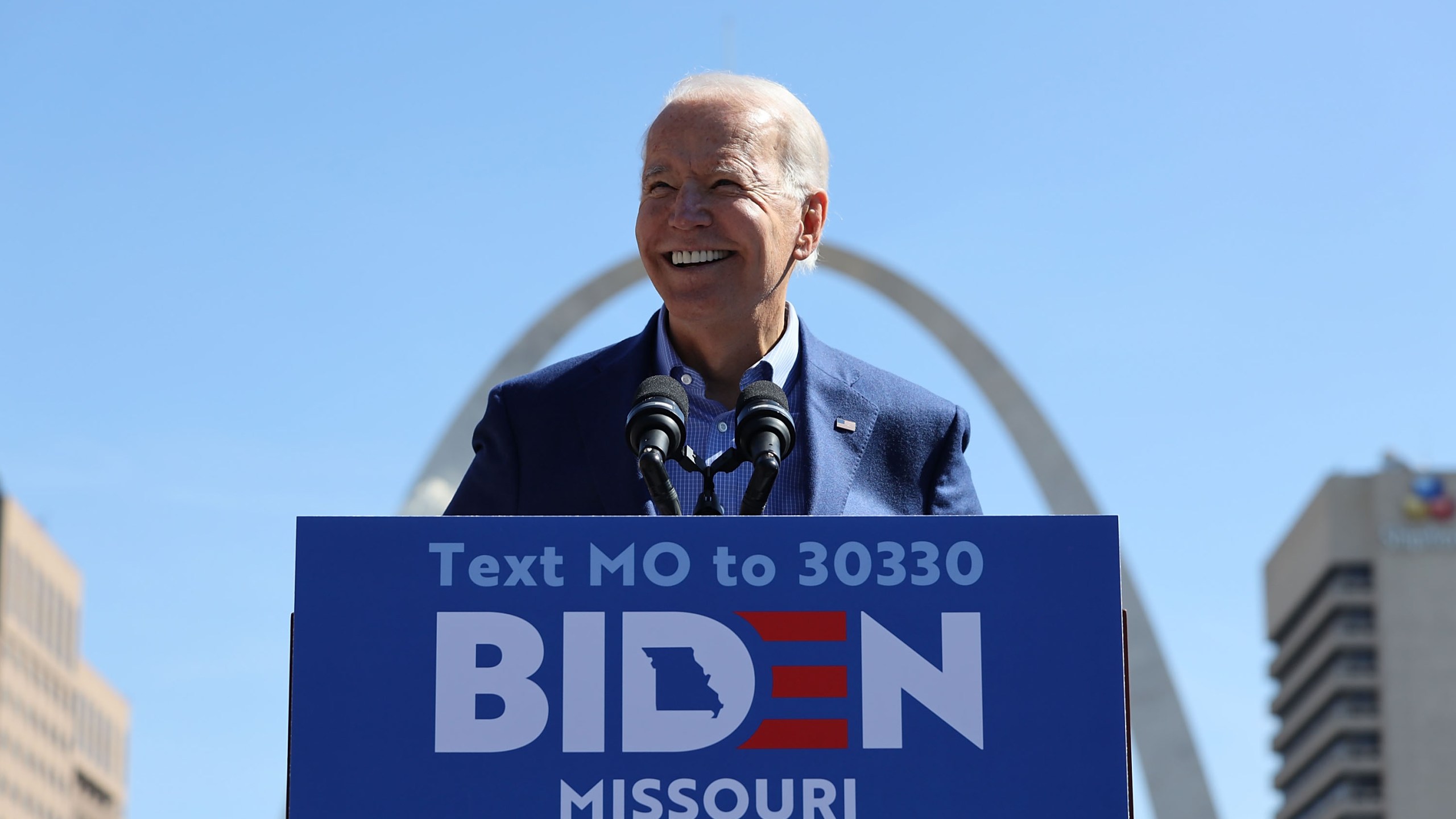 Democratic presidential candidate, former Vice President Joe Biden speaks at a campaign rally at Kiener Plaza on March 7, 2020, in St Louis, Missouri. (Dilip Vishwanat/Getty Images)