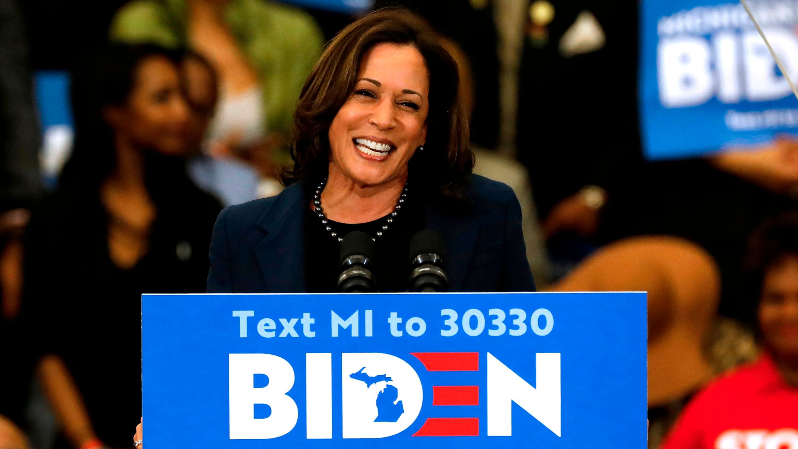 California Sen. Kamala Harris endorses former Vice President Joe Biden for president during a campaign rally in Detroit, Michigan, on March 9, 2020. (Credit: Jeff Kowalsky / AFP / Getty Images)