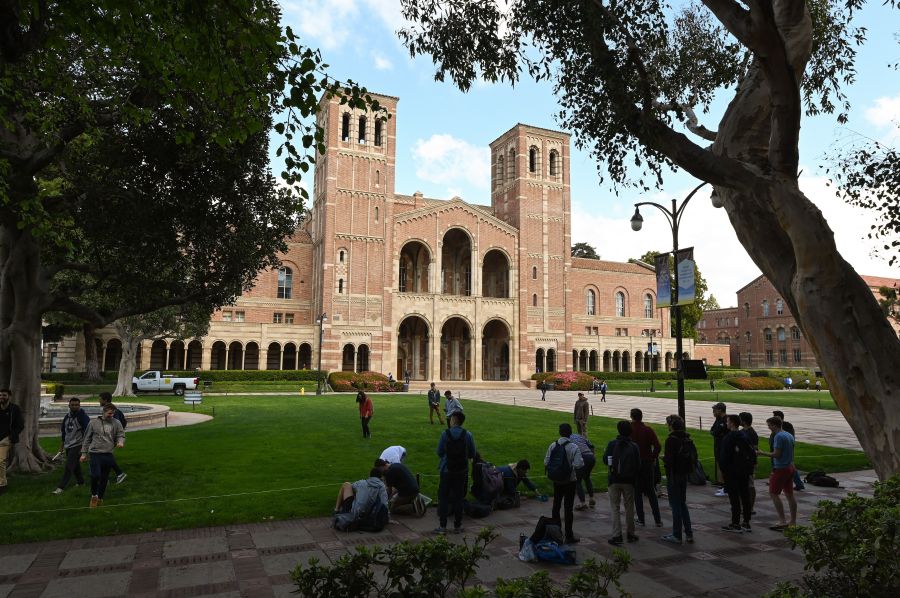 Students participating in an activity near Royce Hall on the UCLA campus on March 11, 2020. (Robyn Beck / AFP / Getty Images)