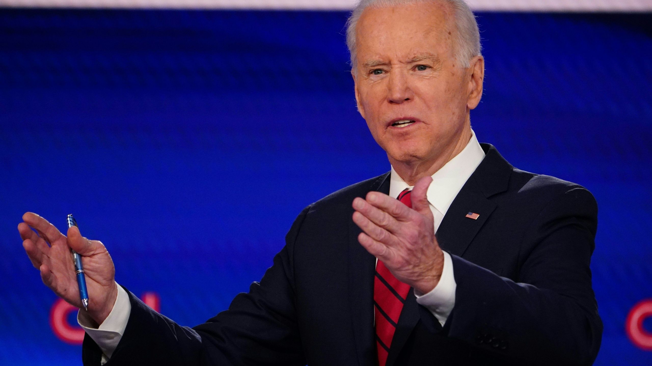 Democratic presidential hopeful former U.S. vice president Joe Biden makes a point as he and Senator Bernie Sanders take part in the 11th Democratic Party 2020 presidential debate in a CNN Washington Bureau studio in Washington, DC on March 15, 2020. (Mandel NGAN / AFP / Getty Images)