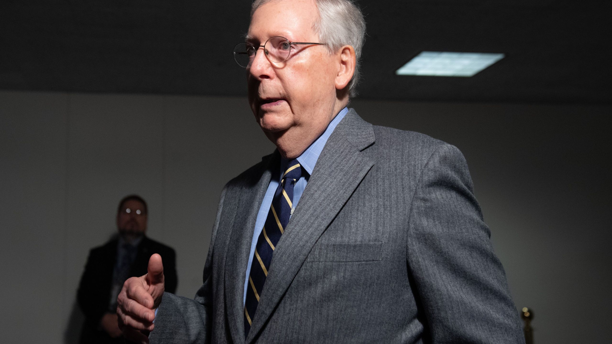 U.S. Senate Majority Leader Mitch McConnell speaks to the press as he arrives to attend a meeting to discuss a potential economic bill in response to the coronavirus, COVID-19, in Washington, D.C., on March 20, 2019.(SAUL LOEB/AFP via Getty Images)