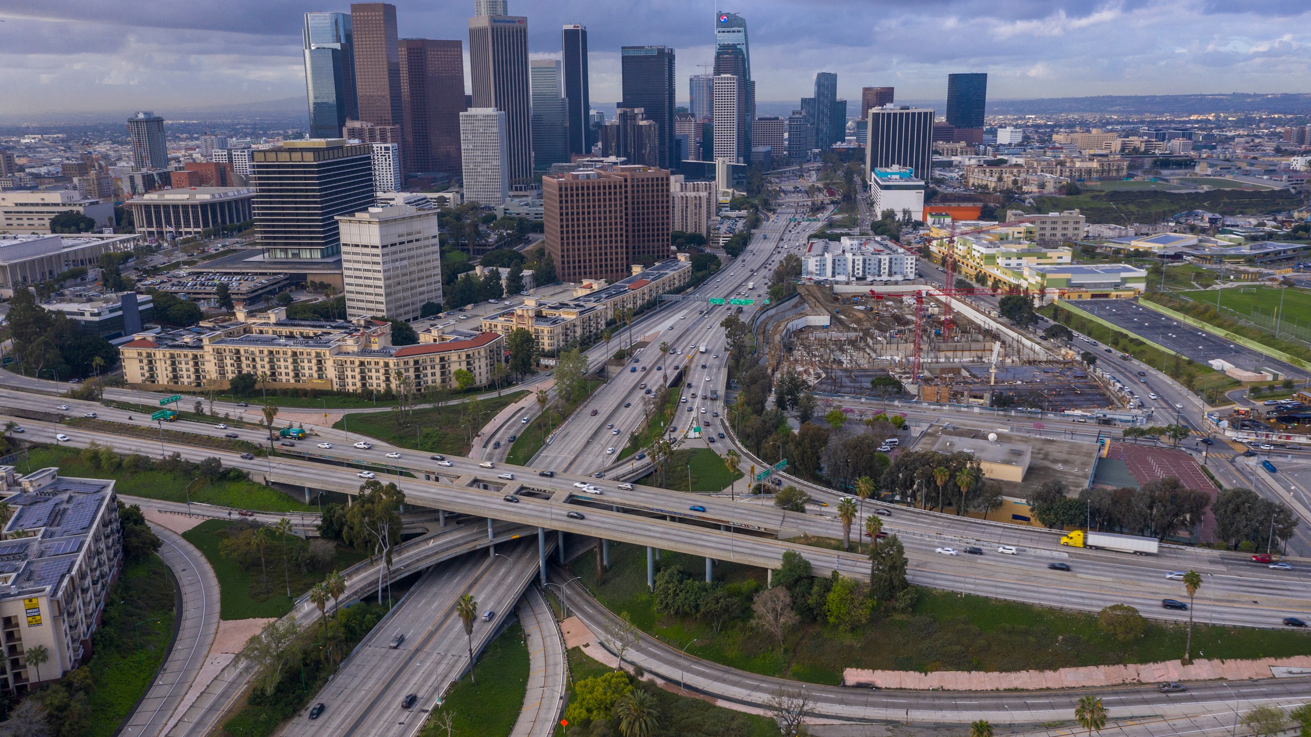 Freeway traffic flows lighter than usual on the 110 and 101 freeways before the new restrictions went into effect at midnight as the coronavirus pandemic spreads on March 19, 2020 in Los Angeles. (David McNew/Getty Images)