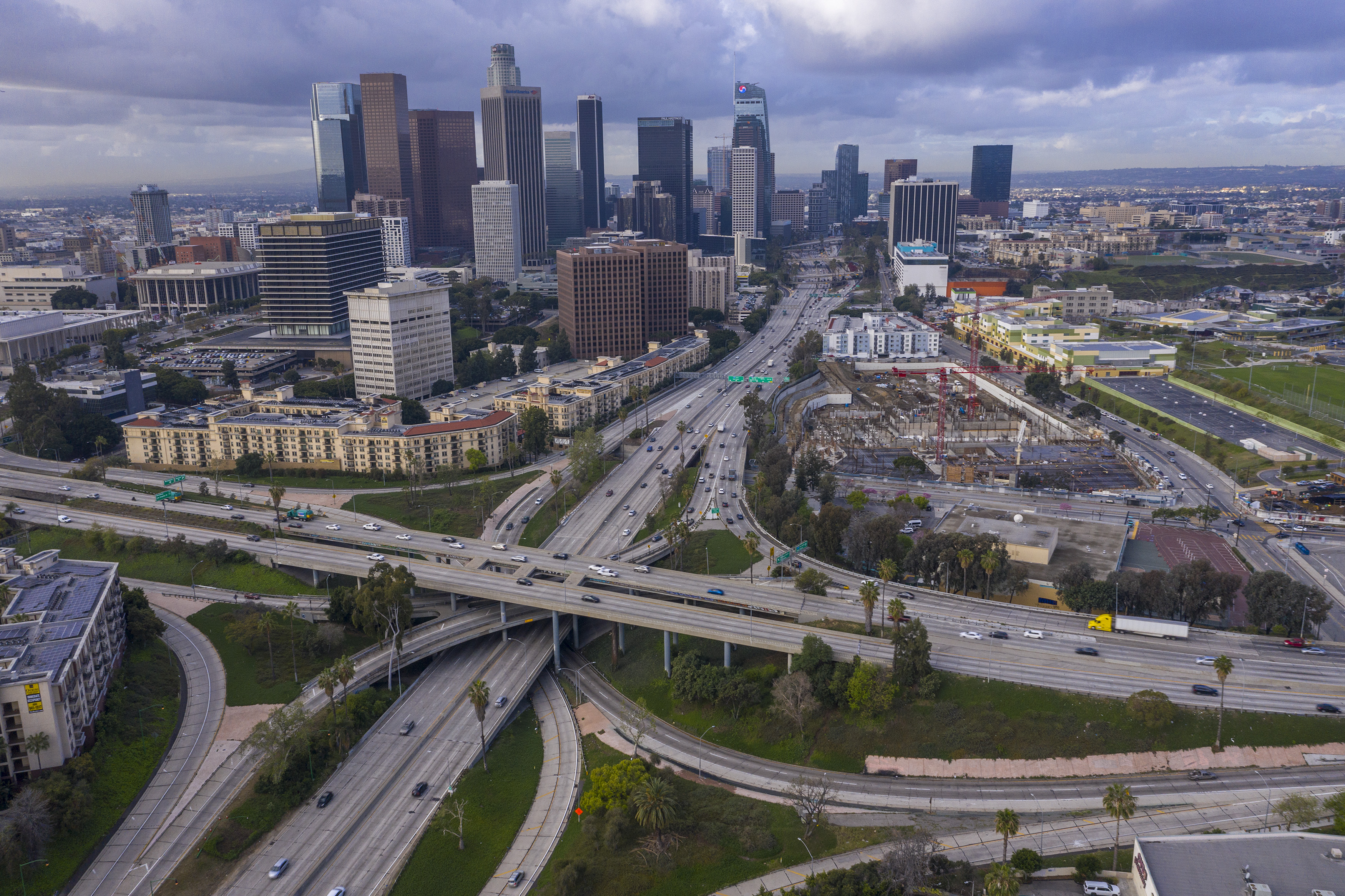 Freeway traffic flows lighter than usual on the 110 and 101 freeways before the new restrictions went into effect at midnight as the coronavirus pandemic spreads on March 19, 2020 in Los Angeles. (David McNew/Getty Images)