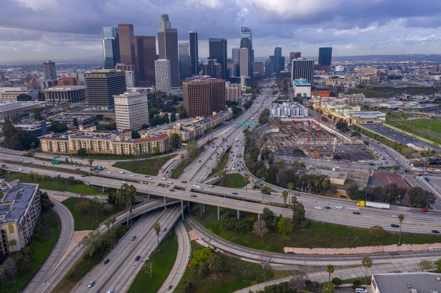 Freeway traffic flows lighter than usual on the 110 and 101 freeways before the new restrictions went into effect at midnight as the coronavirus pandemic spreads on March 19, 2020 in Los Angeles. (David McNew/Getty Images)