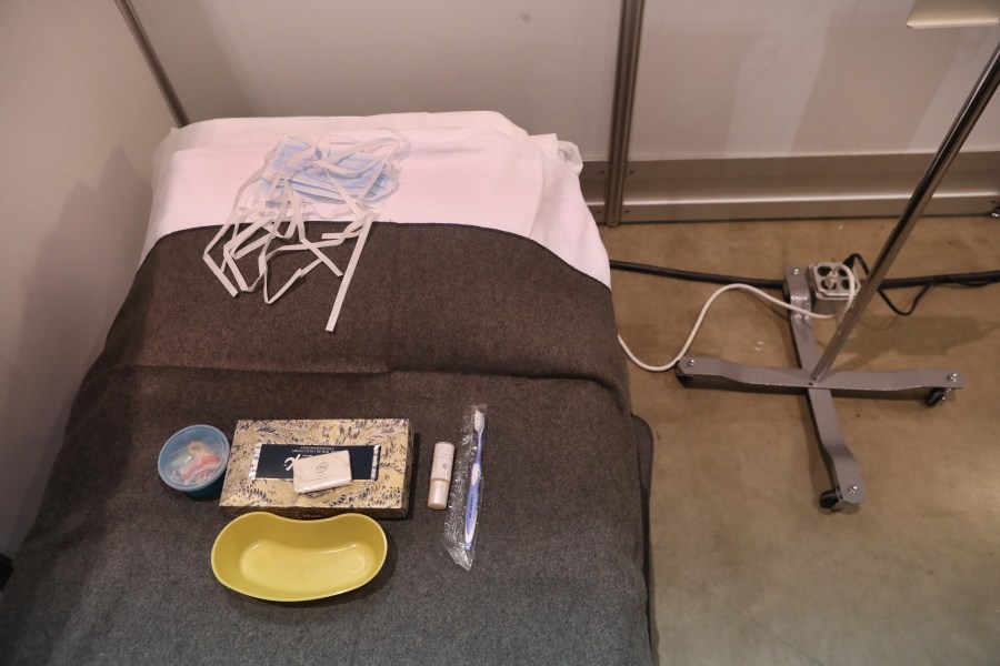 One of 500 beds in Hall C Unit 1 of the COVID-19 alternate site at McCormick Place on Friday, April 3, 2020, in Chicago, Illinois. (Chris Sweda-Pool via Getty Images)