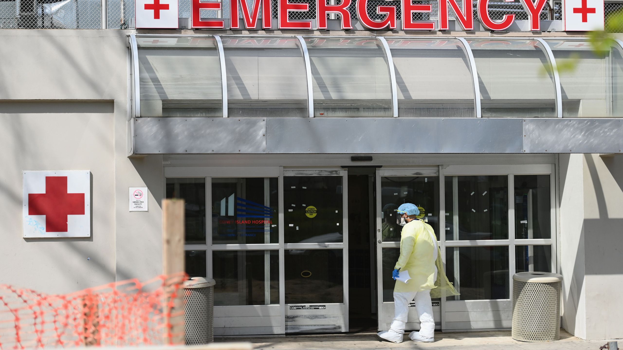 A medical worker enters the emergency room at a hospital on April 15, 2020 in the Brooklyn borough of New York City. (ANGELA WEISS/AFP via Getty Images)