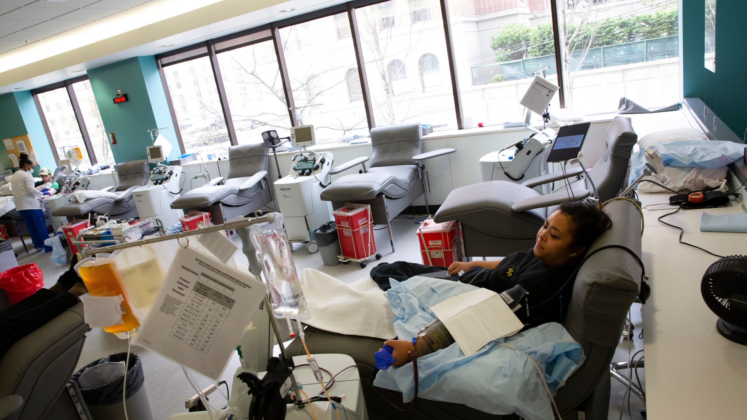 Melissa Cruz donates convalescent plasma at Bloodworks Northwest on April 17, 2020 in Seattle, Washington. (Karen Ducey/Getty Images)