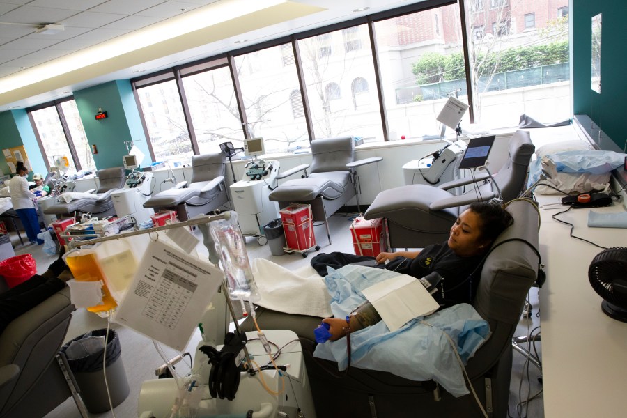 Melissa Cruz donates convalescent plasma at Bloodworks Northwest on April 17, 2020 in Seattle, Washington. (Karen Ducey/Getty Images)