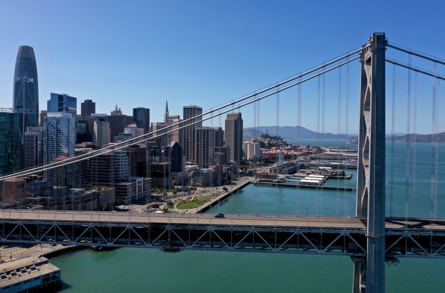 A single car drives on the San Francisco – Oakland Bay Bridge on April 1, 2020 in San Francisco, California. (Justin Sullivan/Getty Images)