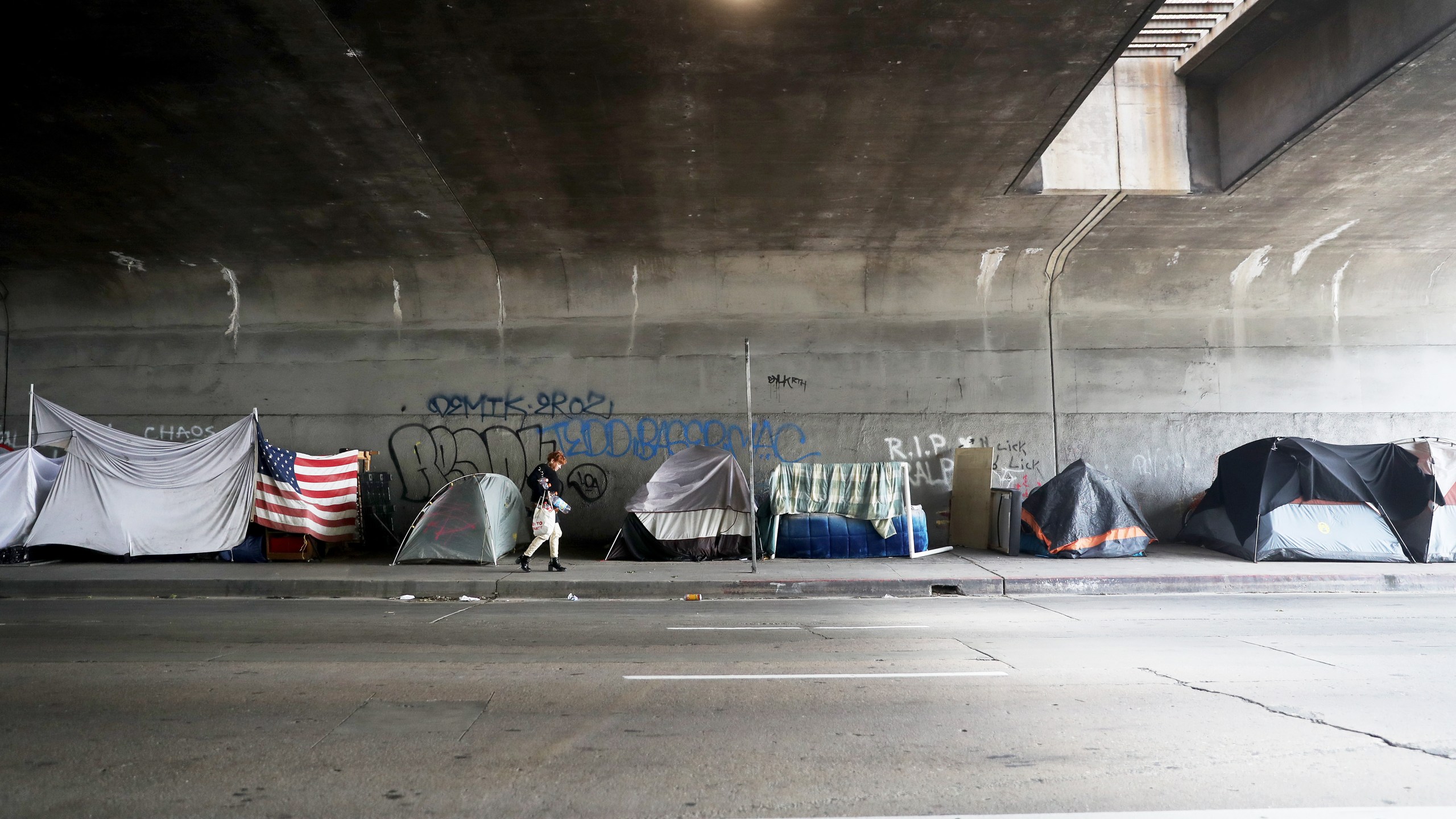 A woman walks past a homeless encampment beneath an overpass in Los Angeles, with an American flag displayed, amid the coronavirus pandemic on April 4, 2020. (Mario Tama / Getty Images)