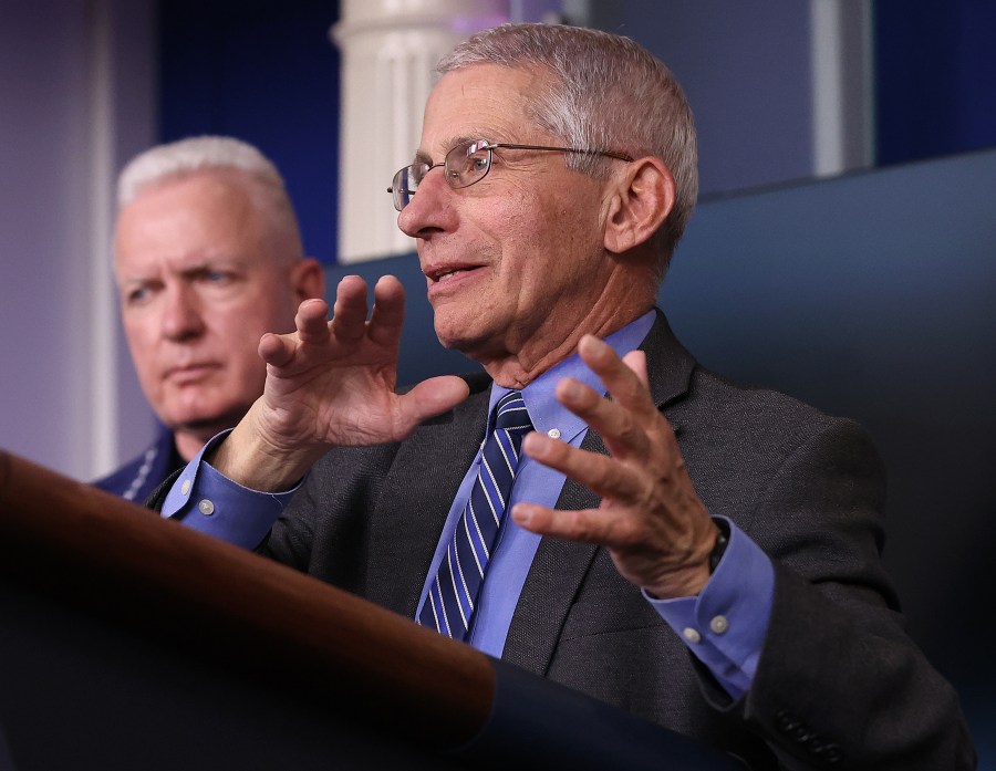 Dr. Anthony Fauci, director of the National Institute of Allergy and Infectious Diseases, speaks while flanked by Adm. Brett Giroir, assistant secretary of Health and Human Services, following a meeting of his coronavirus task force in the Brady Press Briefing Room at the White House on April 6, 2020, in Washington, D.C. (Chip Somodevilla/Getty Images)