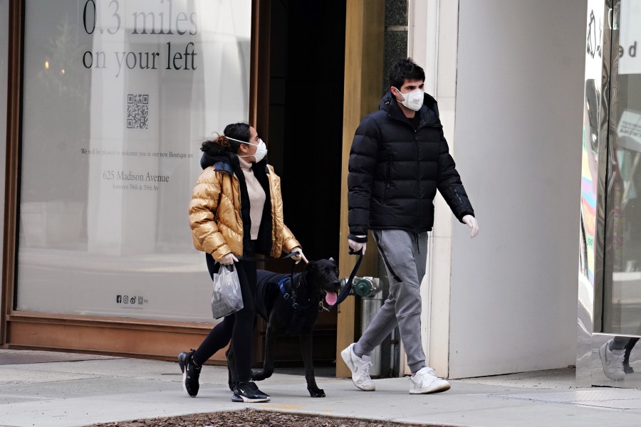 Two people walk a dog during the coronavirus pandemic on April 16, 2020, in New York City. (Cindy Ord/Getty Images)