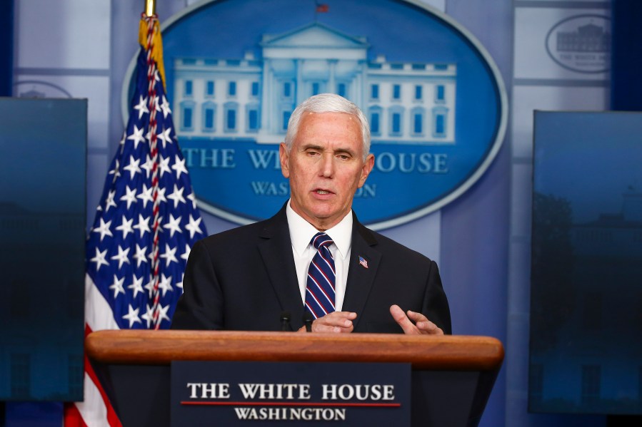 U.S. Vice President Mike Pence speaks at the daily coronavirus briefing at the White House on April 19, 2020 in Washington, DC. (Tasos Katopodis/Getty Images)