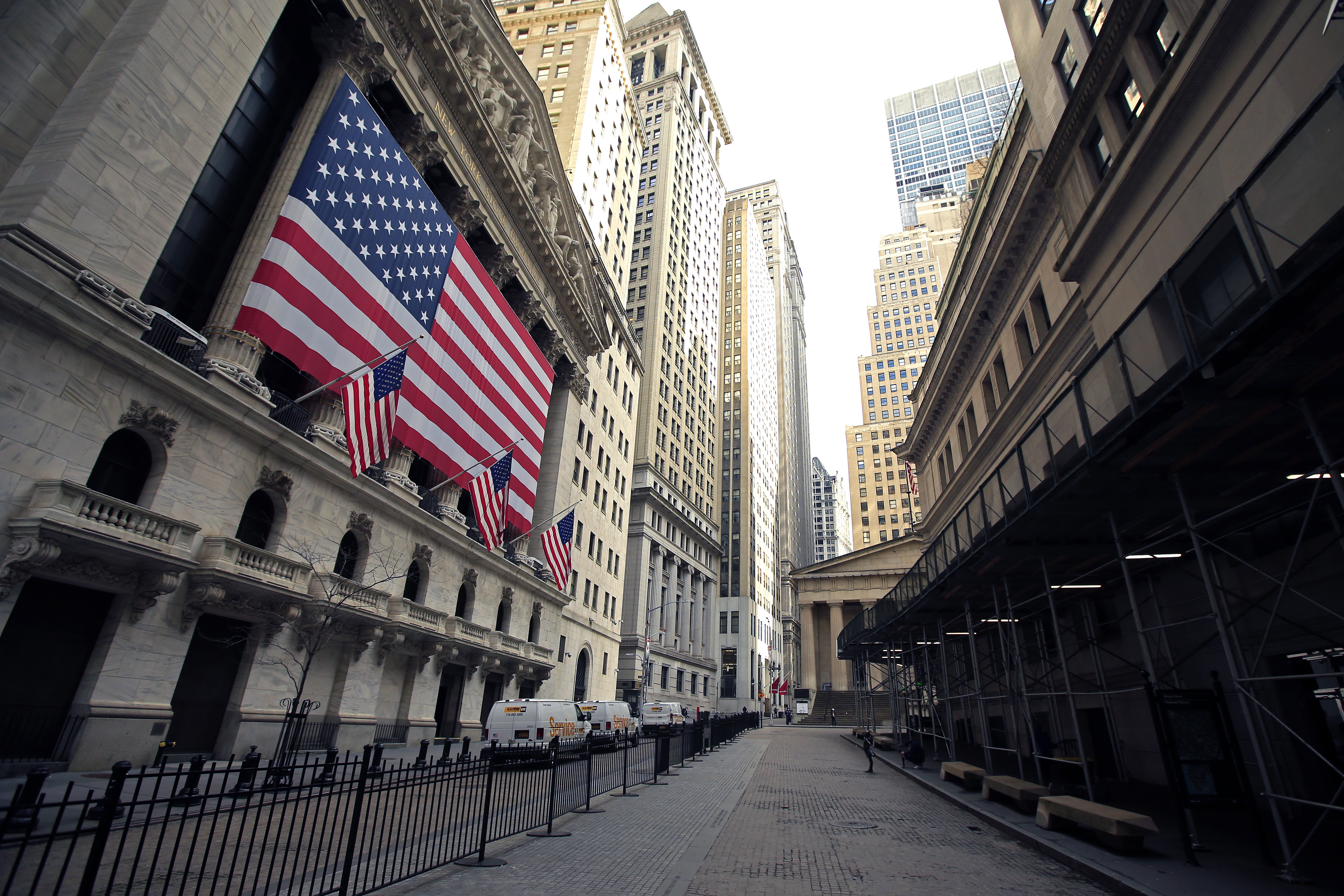 The New York Stock Exchange near Wall Street is seen on April 25, 2020 in New York City. (Justin Heiman/Getty Images)