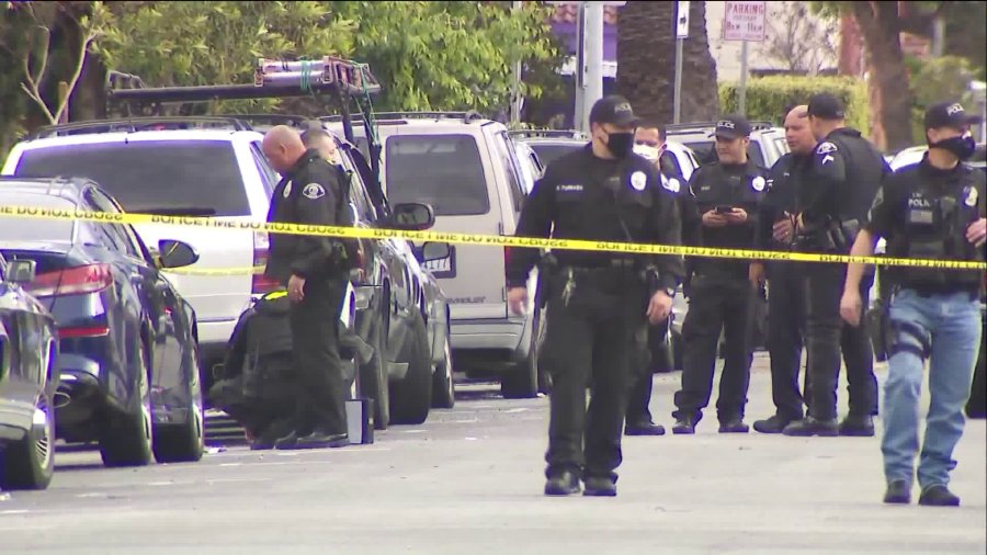 Police investigate a shooting in the 6600 block of Templeton Street in Huntington Park on April 10, 2020. (KTLA)