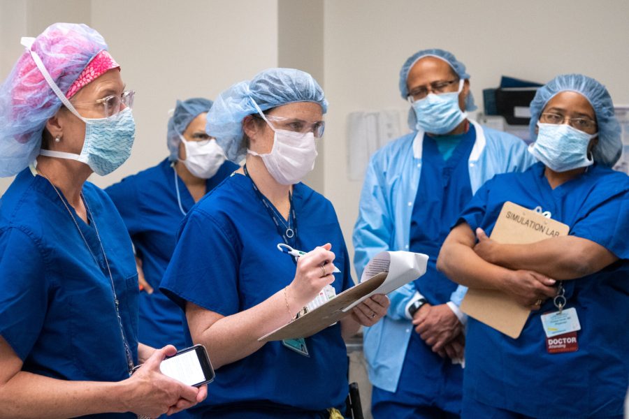 L.A. County health care workers preparing for an influx of COVID-19 patients in a simulation drill at LAC+USC Medical Center on April 3, 2020. (Los Angeles County)