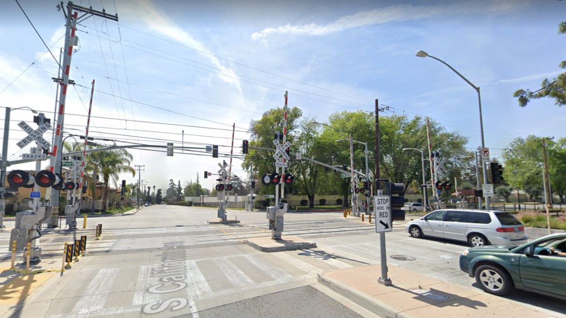 A set of train tracks alongside the intersection of California Avenue and Duarte Road in Monrovia, as pictured in a Google Street View image.