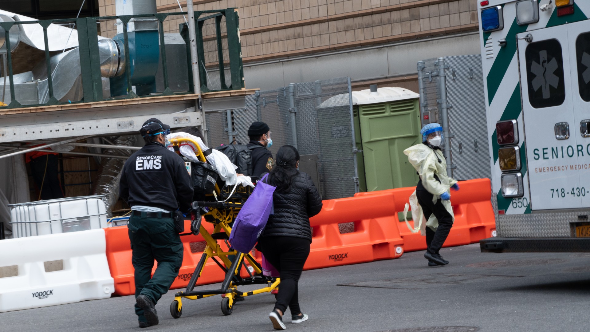 A person is transported into the emergency room at NYU Langone Heath on April 10, 2020 in New York City. (David Dee Delgado/Getty Images)