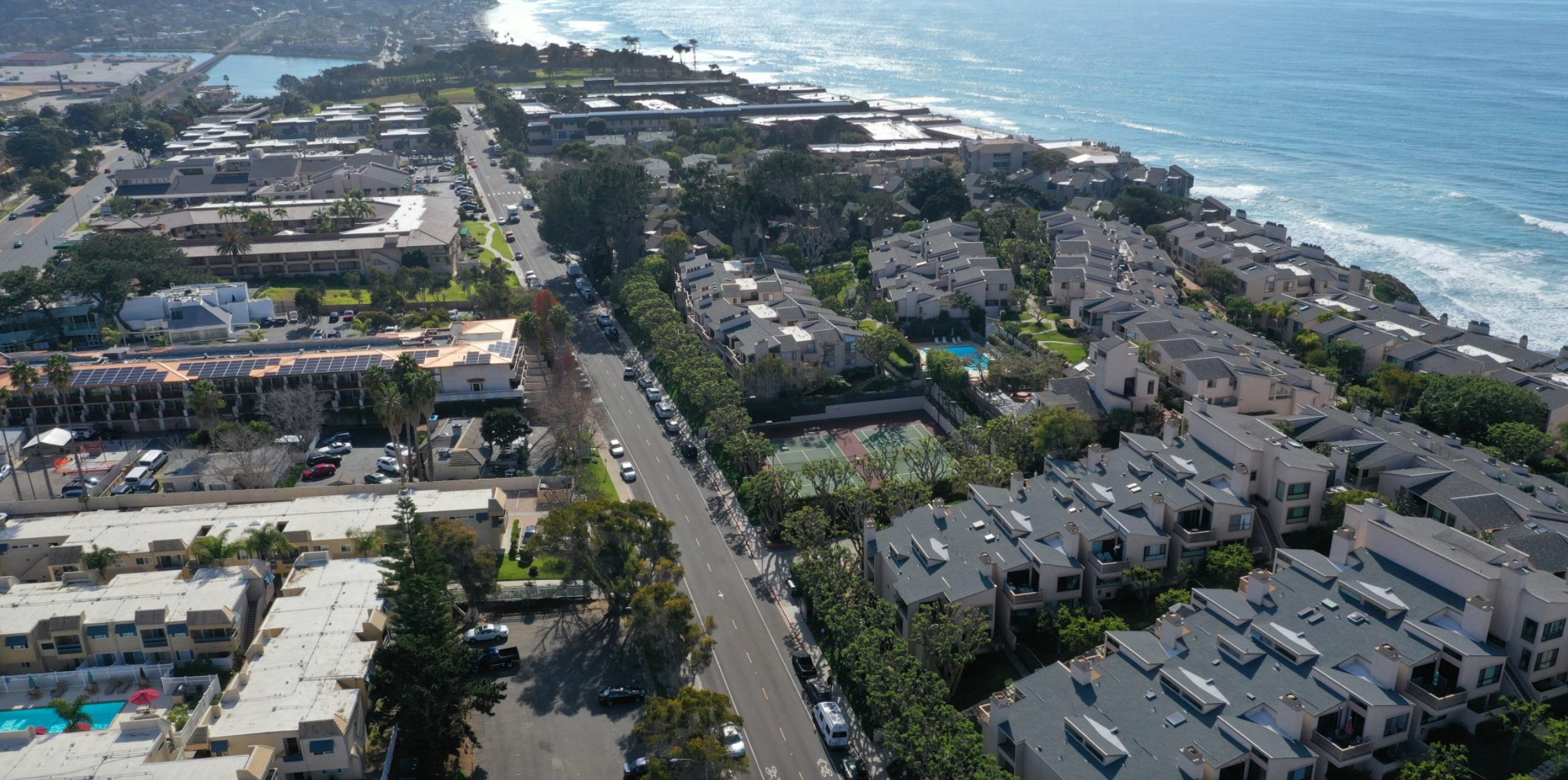 An aerial view of the site of a proposed affordable housing project near million-dollar condos in Solana Beach in San Diego County. It’s a 10-unit project that has been in the works for the last decade and has yet to break ground.(Allen J. Schaben / Los Angeles Times)