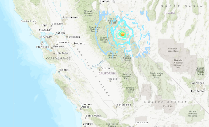 A U.S. Geological Survey map show where a magnitude 5.3 earthquake hit near the California-Nevada border on April 11, 2020.