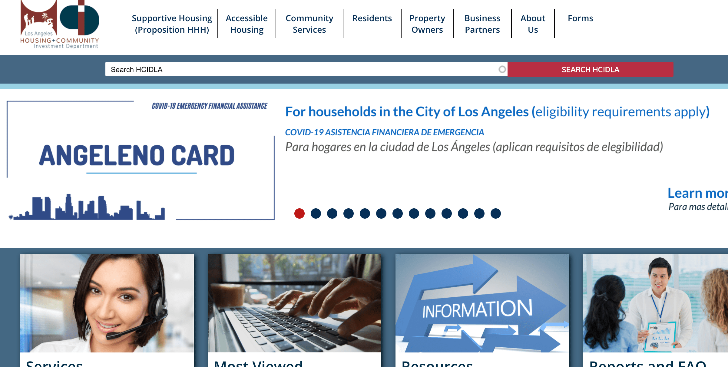 The L.A. city website page featuring the new Angeleno Card, which helps families struggling financially due to COVID-19, appears on April 16, 2020.