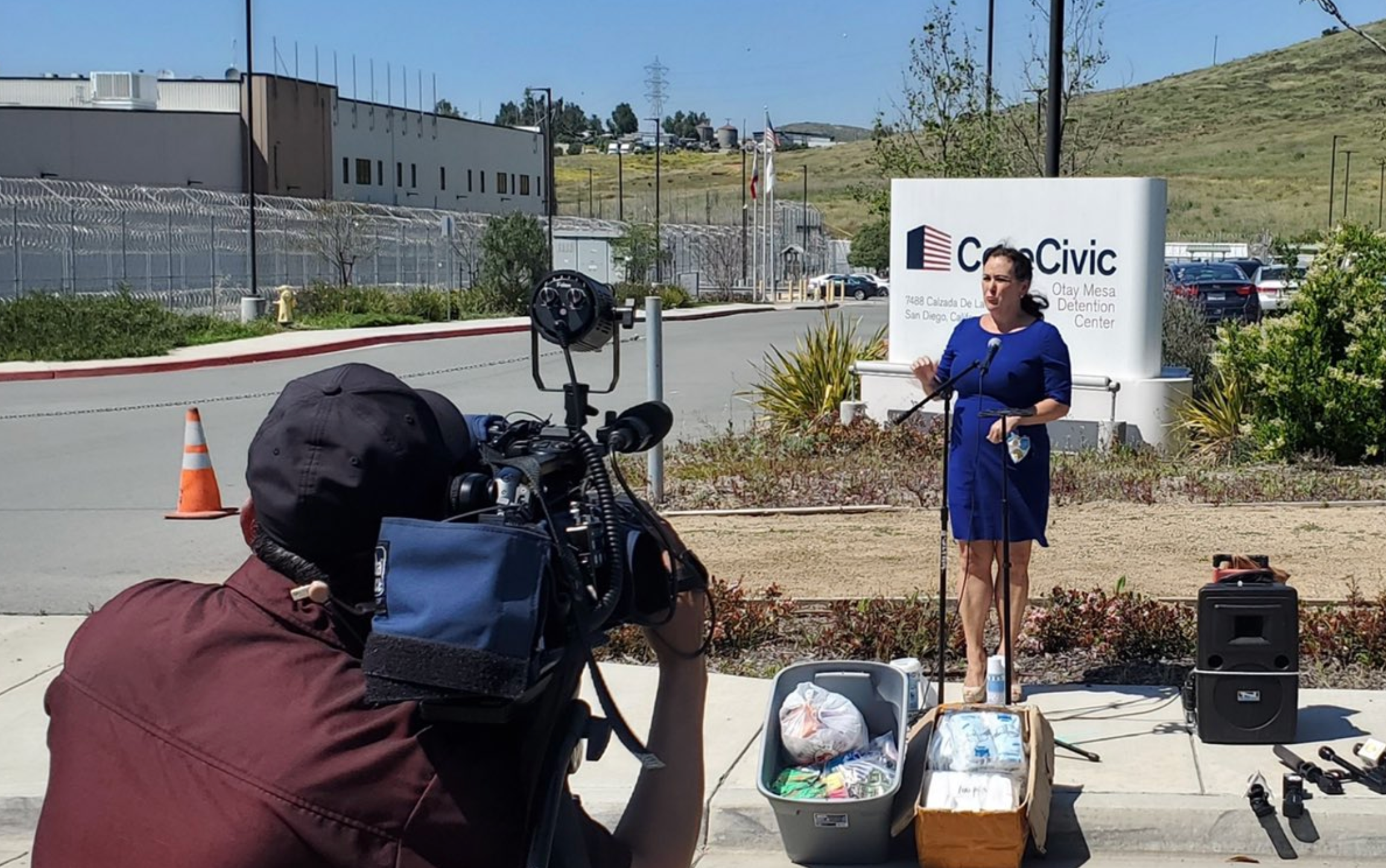 A photo shared by Assemblywoman Lorena Gonzalez (D-San Diego)shows her speaking to the media outside the Otay Mesa Detention Center on April 24, 2020.