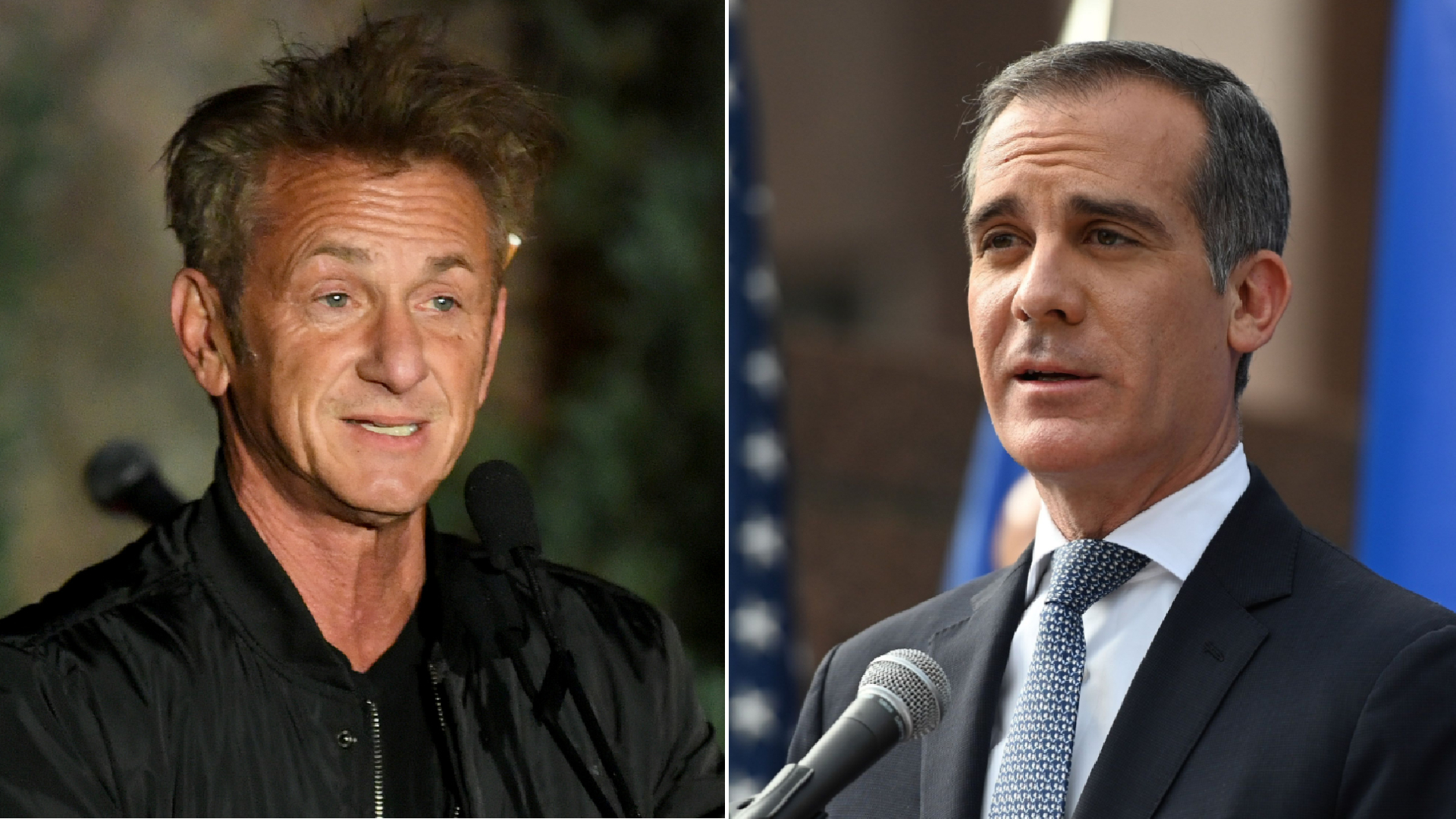 Sean Penn, left, speaks during a Los Angeles Zoo event benefiting Australian wildlife relief on March 8, 2020. At right, Los Angeles Mayor Eric Garcetti speaks at a county health department press conference on March 4, 2020. (Credit: Kevin Winter / Robyn Beck / Getty Images)